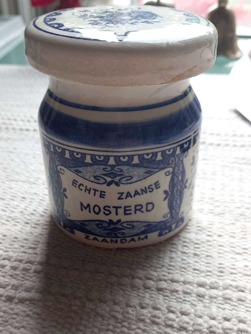 Vintage Hand Painted Delft Blue Holland Windmill and Ship Porcelain Mustard Pot